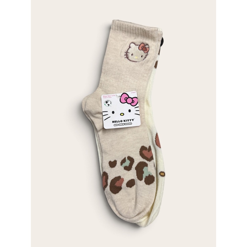 Hello Kitty Mid-Crew Socks 2 Pair Pack Leopard Print Heart Tan White NWT 4-10
